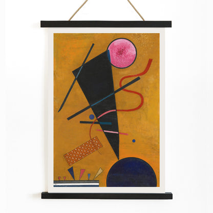Abstract geometric artwork with colorful shapes on ochre and yellow backgrounds Berührung Contact by Wassily Kandinsky, with wooden magnetic frame on white background