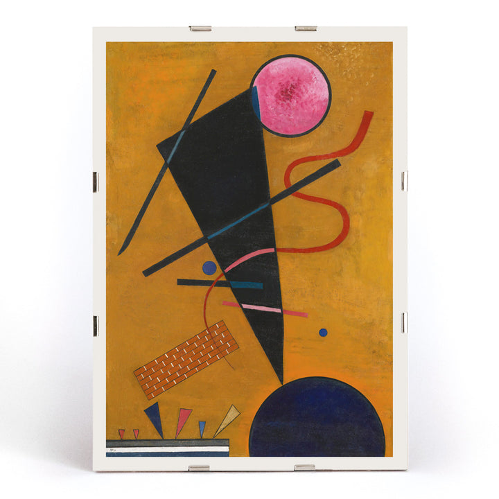 Abstract geometric artwork with colorful shapes on ochre and yellow backgrounds Berührung Contact by Wassily Kandinsky, framed and displayed in modern living room decor