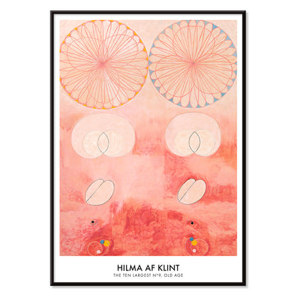 Abstract geometric and circular patterns in pink and orange from The Ten Largest Old Age by Hilma af Klint art poster, with black aluminium frame on white background