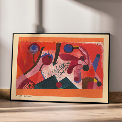 Vibrant abstract geometric art poster Poisonous Berries by Paul Klee featuring bold shapes and colors, framed and displayed in home decor