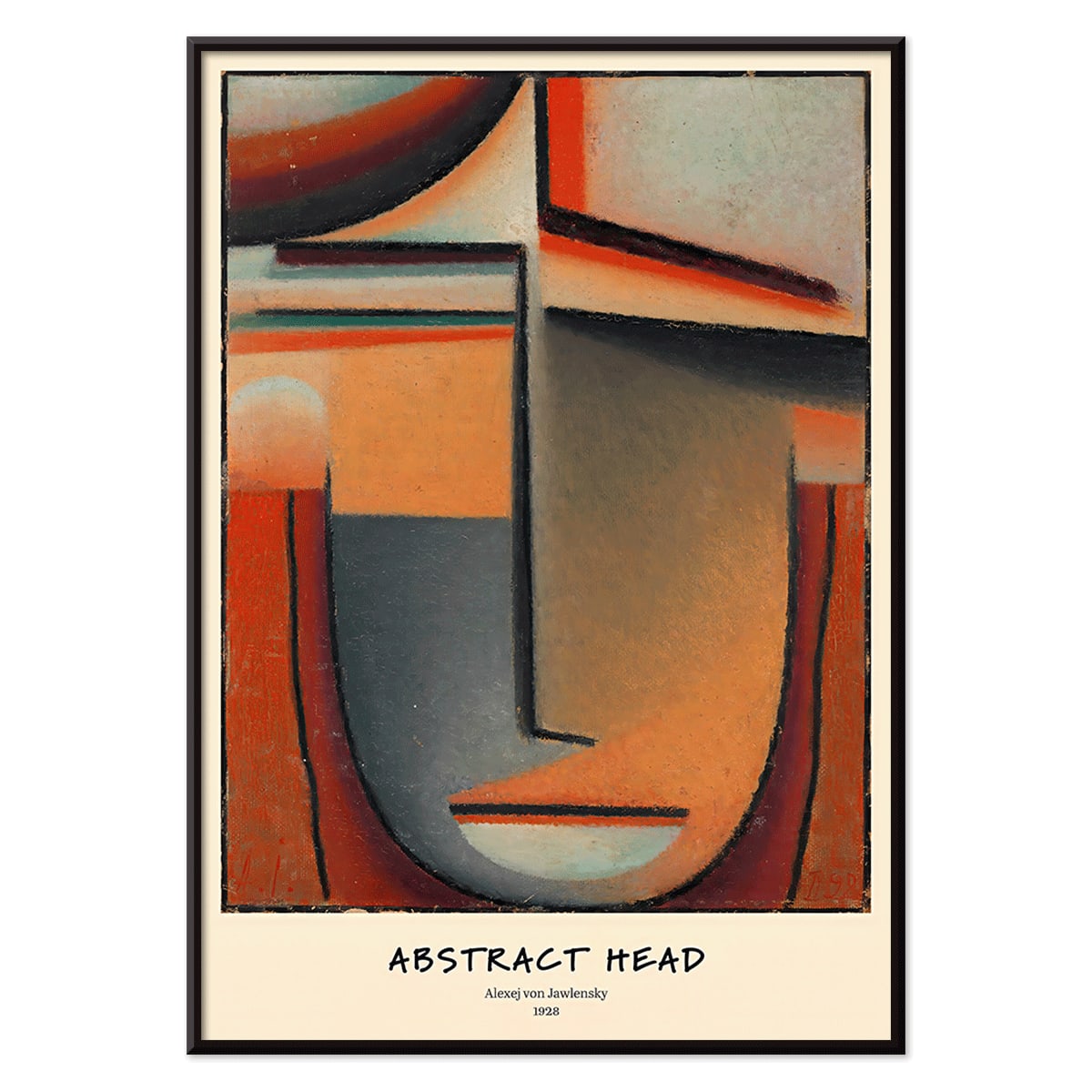 Abstract Head Tragic by Alexej von Jawlensky geometric abstract painting and poster with warm tones and stylized face, with black aluminium frame on white background