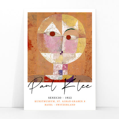 Abstract geometric portrait Senecio by Paul Klee with warm colors and geometric shapes on orange background poster, framed and displayed in modern living room decor
