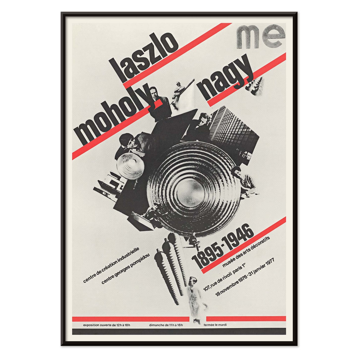 Roman Cieślewicz László Moholy-Nagy poster with bold typography red diagonal stripes and geometric collage, with black aluminium frame on white background