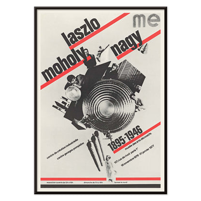 Roman Cieślewicz László Moholy-Nagy poster with bold typography red diagonal stripes and geometric collage, with black aluminium frame on white background
