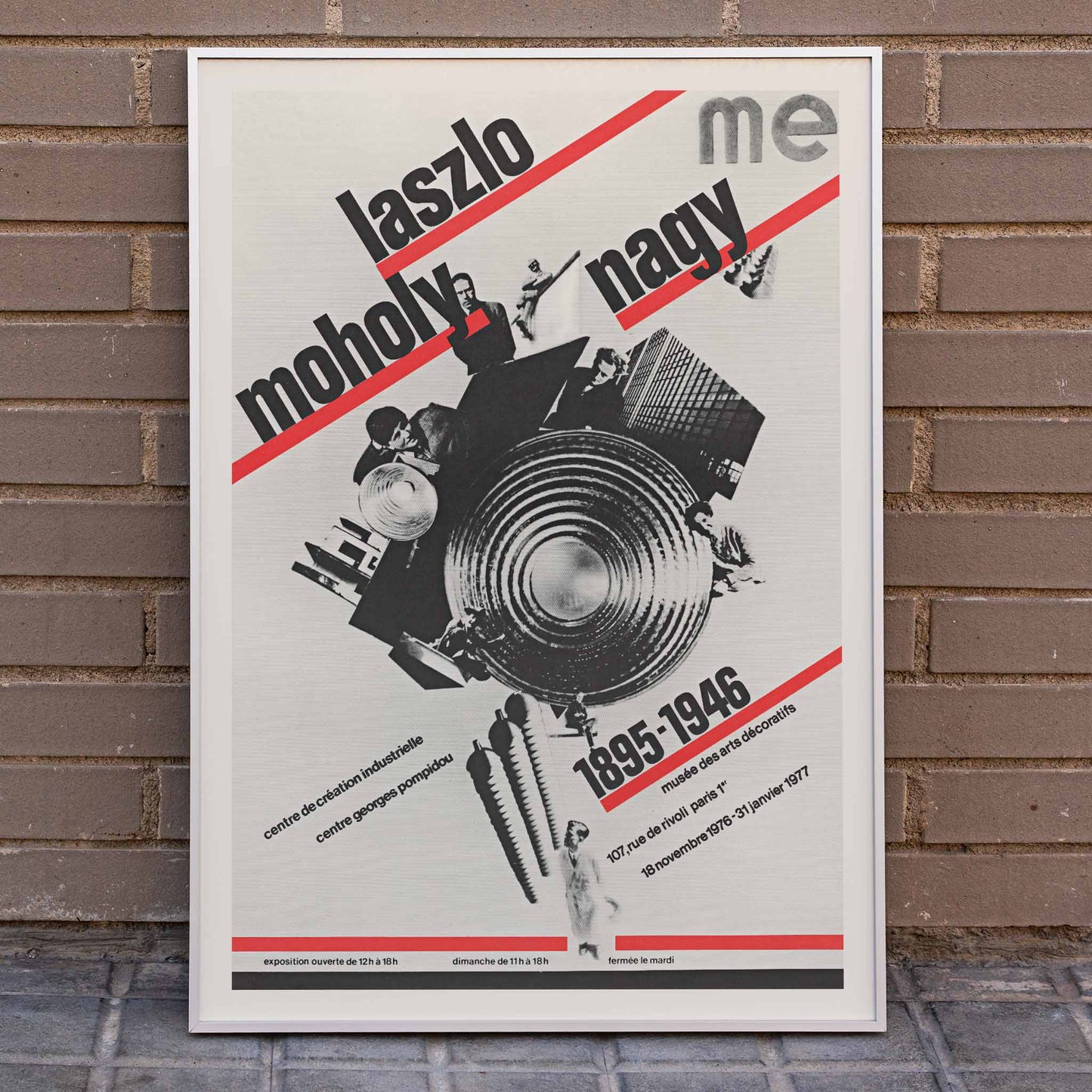 Roman Cieślewicz László Moholy-Nagy poster with bold typography red diagonal stripes and geometric collage, framed and displayed in home decor