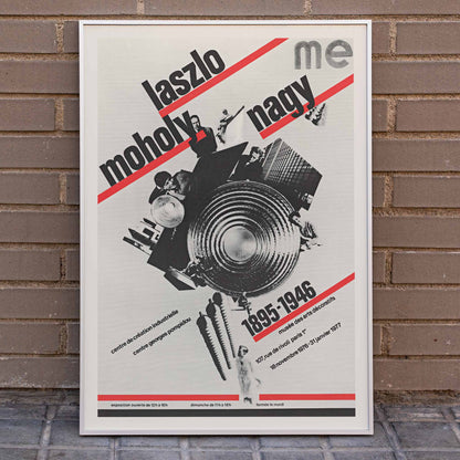 Roman Cieślewicz László Moholy-Nagy poster with bold typography red diagonal stripes and geometric collage, framed and displayed in home decor