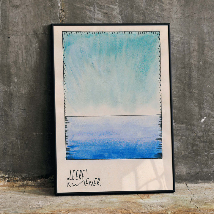 Abstract blue gradient watercolor art by Karl Wiener titled Leere minimalist poster featuring abstract shapes in blue tones modern decor, framed and displayed in home decor