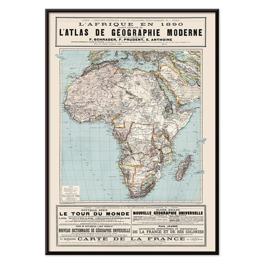 Detailed map of Africa with geographical features by F Schrader F Prudent E Anthoine from Atlas de geographie moderne, with black aluminium frame on white background