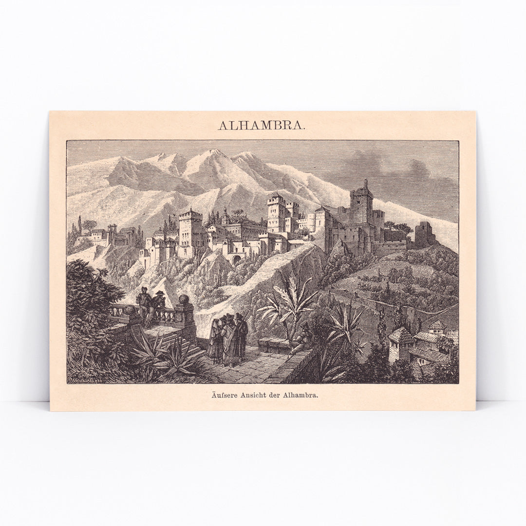 Vintage illustration poster of Alhambra palace with mountains and vegetation by The Institute of Liepzig, framed and displayed in modern living room decor