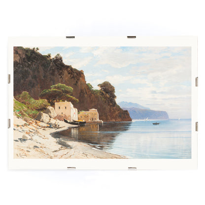 Amalfi Coast landscape with boats cliffs buildings and calm sea by Hermann David Salomon Corrodi, framed and displayed in modern living room decor