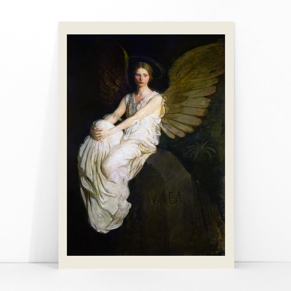 Serene angel with golden wings in white robes seated artwork Stevenson Memorial by Abbott Handerson Thayer poster, framed and displayed in modern living room decor