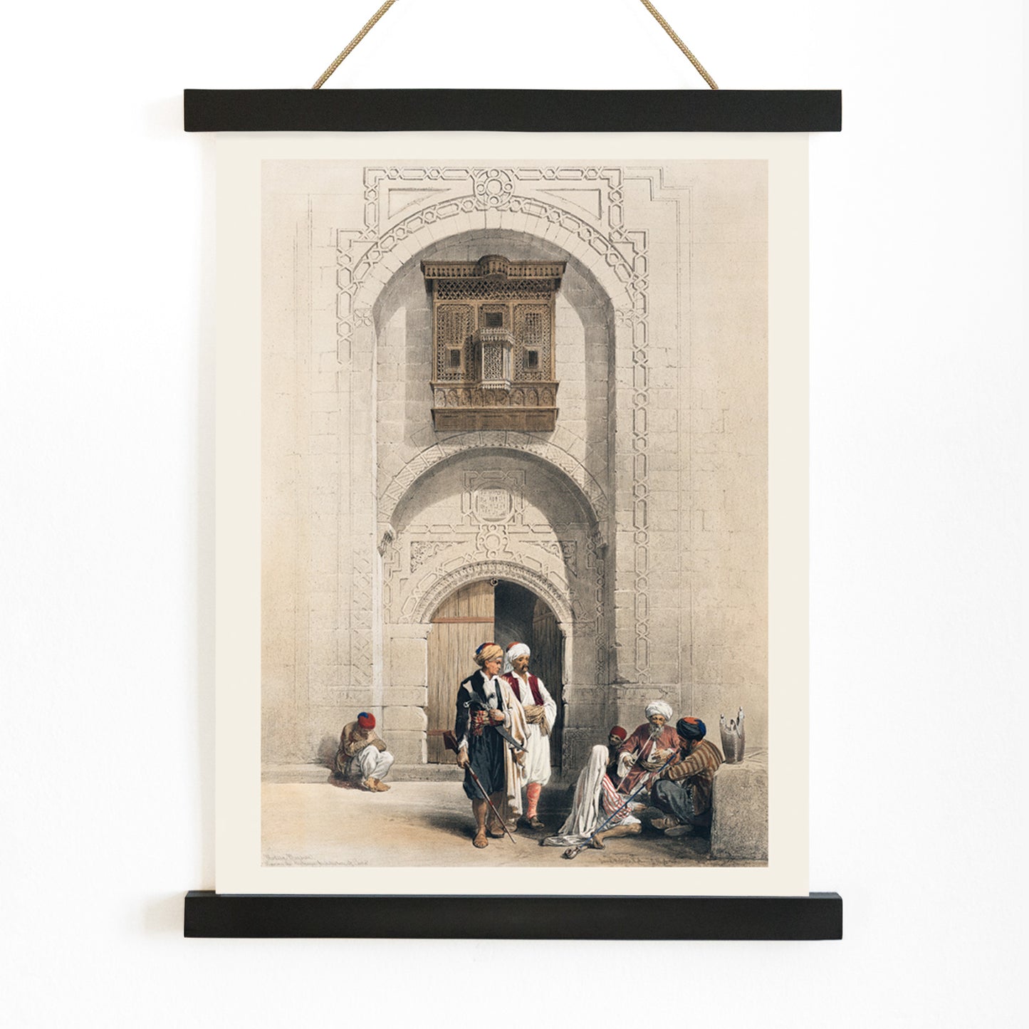 Modern mansion with arabesque architecture in Cairo by David Roberts featuring people in traditional attire poster, with wooden magnetic frame on white background