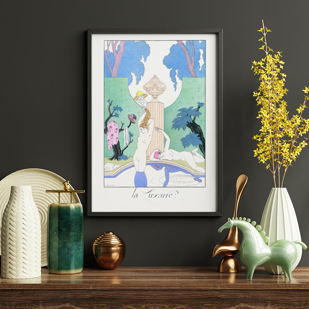 Art Deco poster La Luxure by George Barbier featuring elegant nude women lounging by a fountain in a decorative garden scene, framed and displayed in home decor