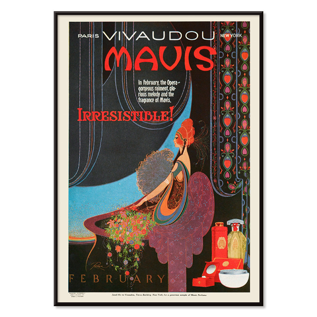 Elegant woman in art deco style with perfume bottles vibrant colors and wall decor poster for Mavis Irresistible by Fred L Parker, with black aluminium frame on white background