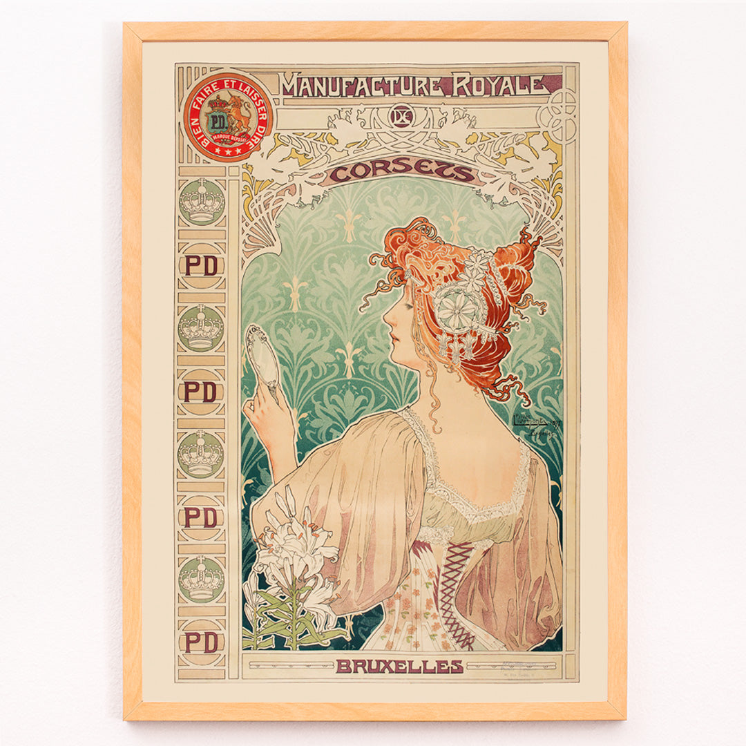 Closeup detail of Art Nouveau poster by Alphonse Mucha featuring a woman in a corset with mirror and floral details Manufacture Royale De Corsets