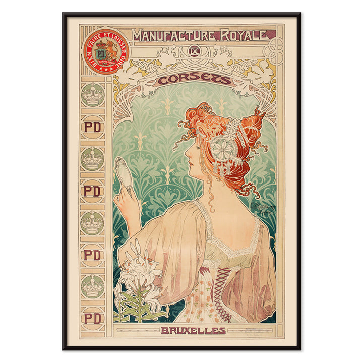 Art Nouveau poster by Alphonse Mucha featuring a woman in a corset with mirror and floral details Manufacture Royale De Corsets, with black aluminium frame on white background