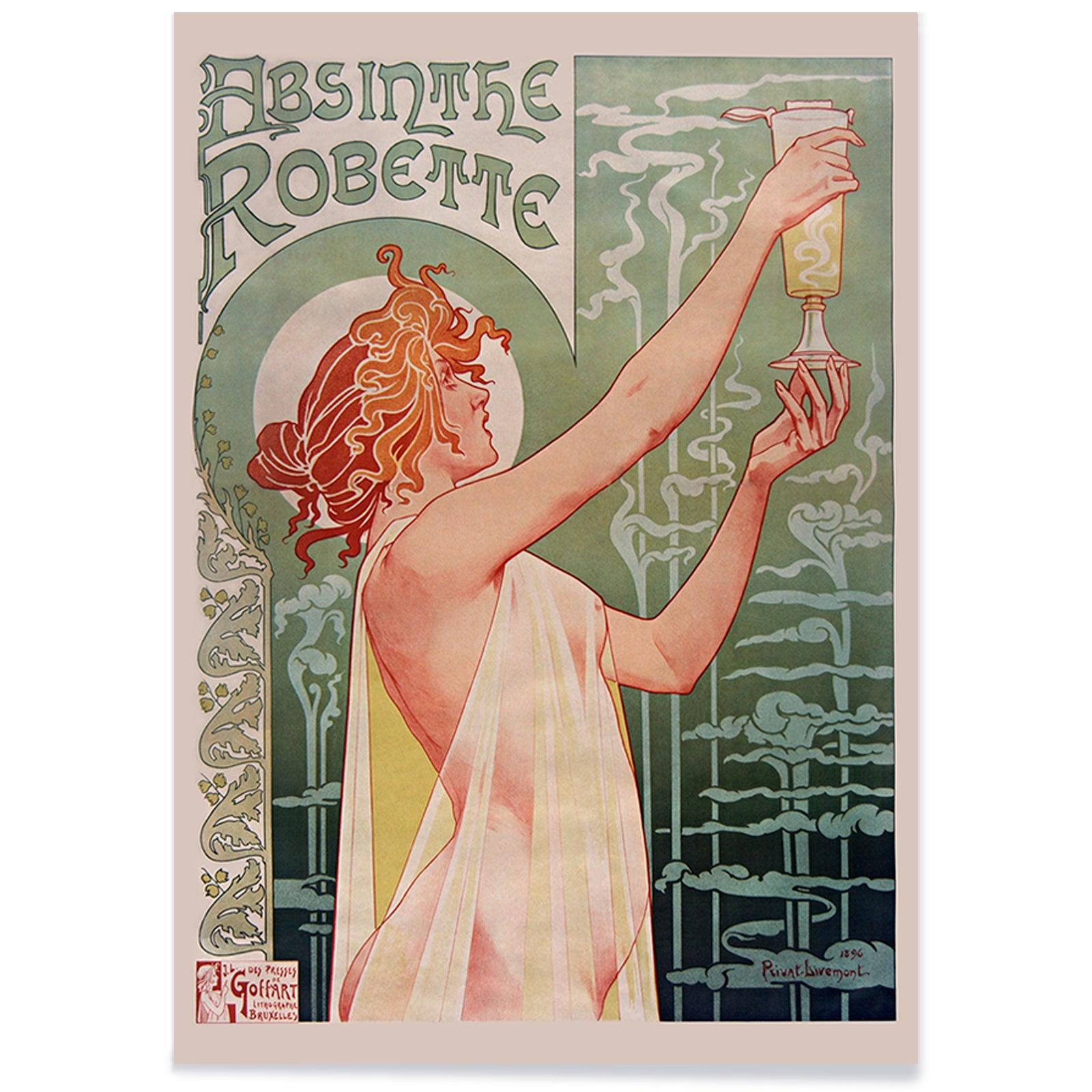 Art Nouveau poster Absinthe Robette by Privat-Livemont featuring a woman holding a glass of absinthe with stylized smoke, with black aluminium frame on white background
