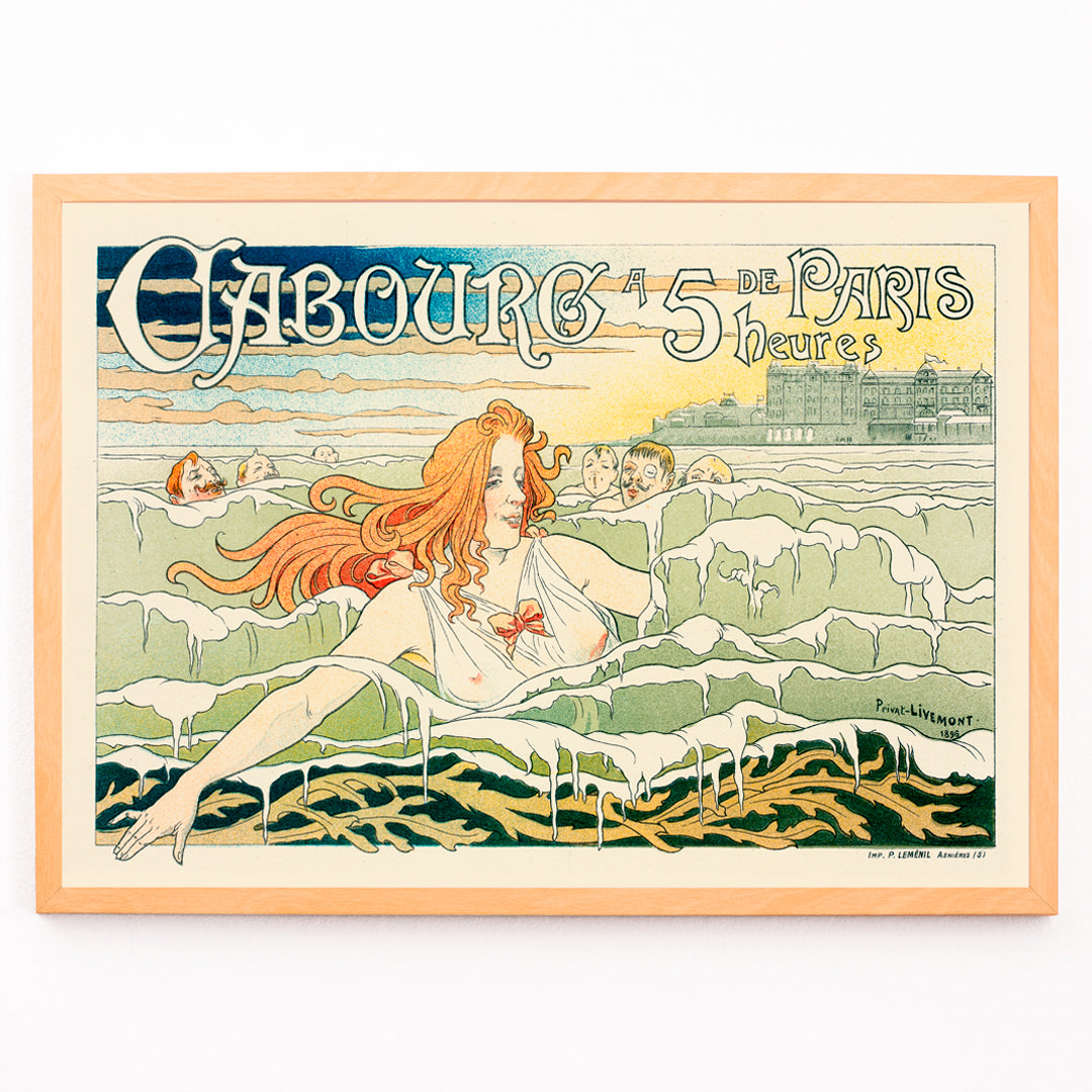 Closeup detail of Art Nouveau poster of a red haired woman with flowing hair swimming in the sea near Casino De Cabourg by Henri Privat Livemont