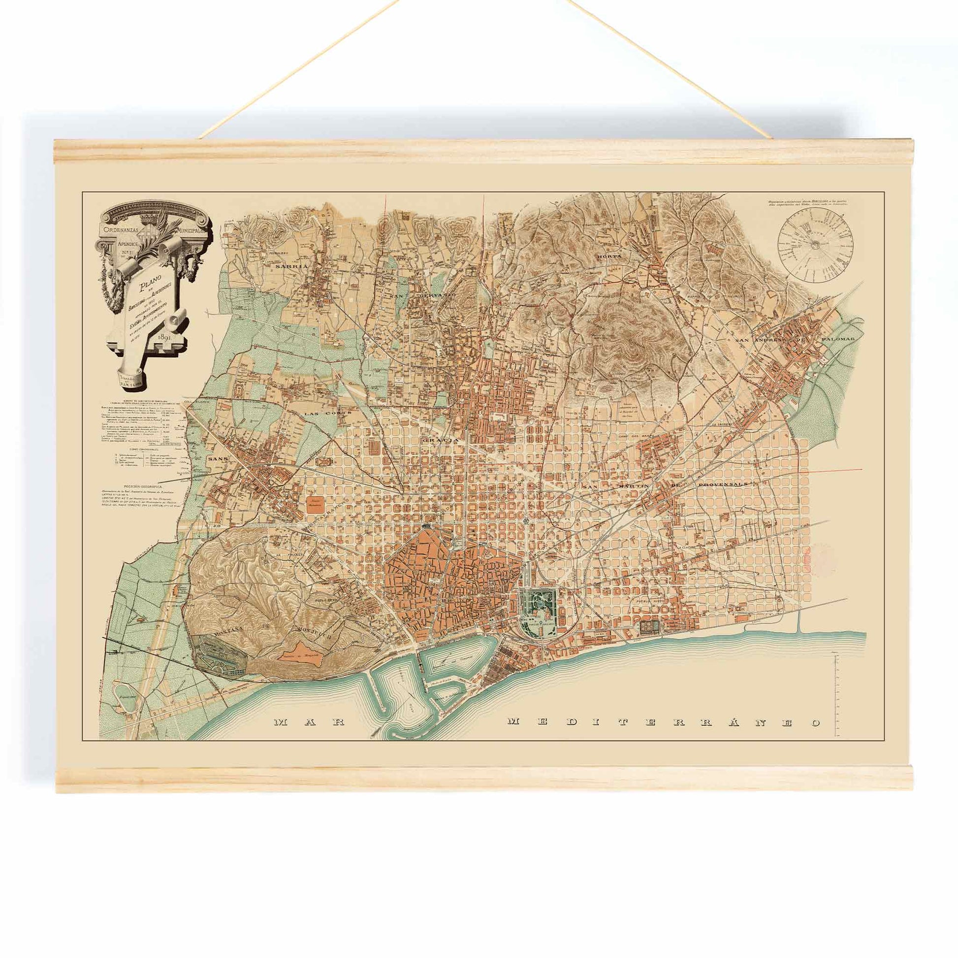 Anonymous Plan of Barcelona and surroundings vintage poster, sepia city map with coastal lines and pastel districts, with wooden magnetic frame on white background