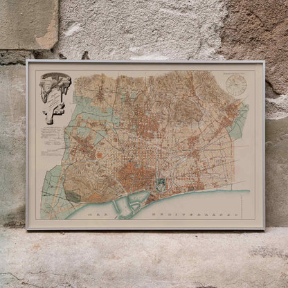 Anonymous Plan of Barcelona and surroundings vintage poster, sepia city map with coastal lines and pastel districts, framed and displayed in home decor