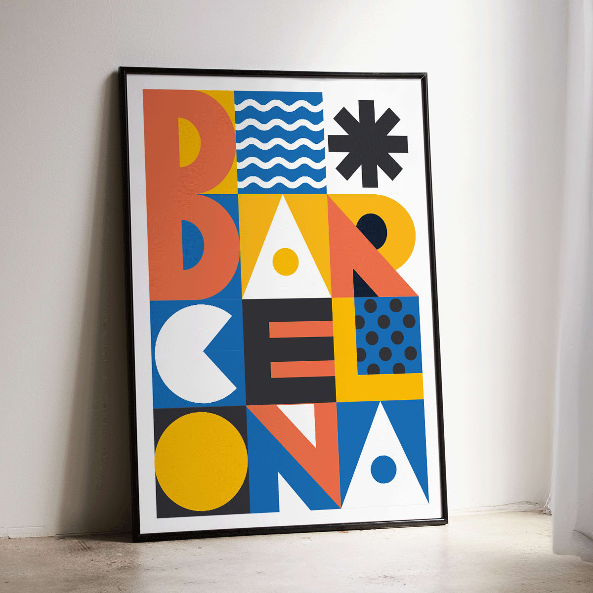 Minimalist Barcelona poster by Moryarty featuring bold geometric patterns vibrant colors and modern text design, framed and displayed in modern living room decor