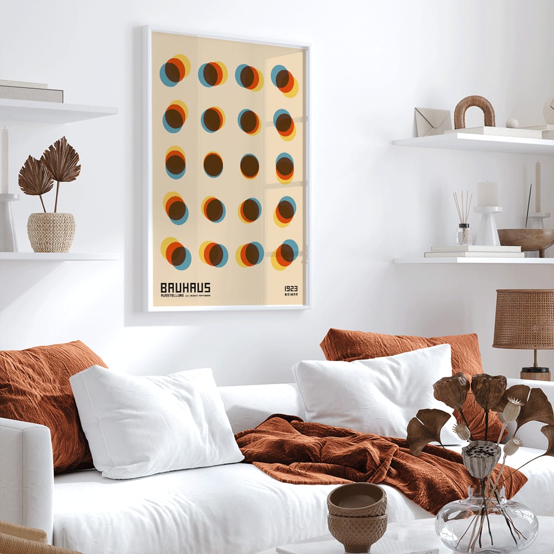 Bauhaus Poster 9 Inspired by the Weimar Exhibition with overlapping colorful circles in a geometric pattern on a beige background, framed and displayed in home decor