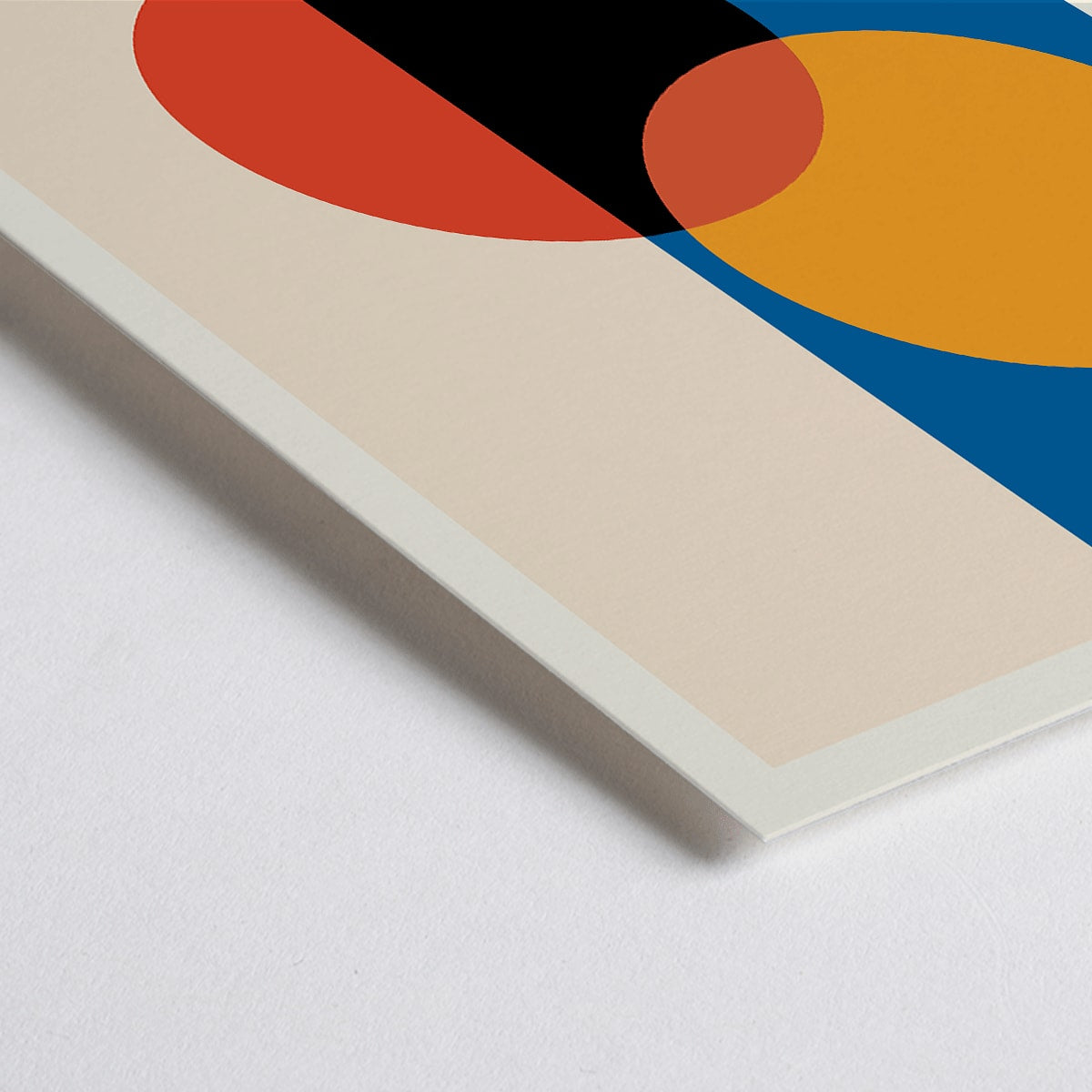 Closeup detail of Bauhaus Poster 17 abstract geometric design with intersecting circles in orange red black on blue and beige background by Bauhaus artist framed with text at the bottom