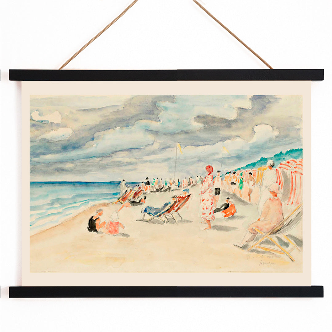 Colorful beach scene with people relaxing on deck chairs and under umbrellas at La plage de Deauville by Henri Lebasque, with wooden magnetic frame on white background