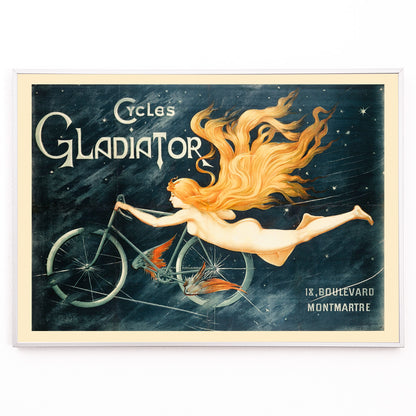 Closeup detail of Vintage poster of a nude woman with flowing hair flying beside a bicycle in a starry space Cycles Gladiator by C B
