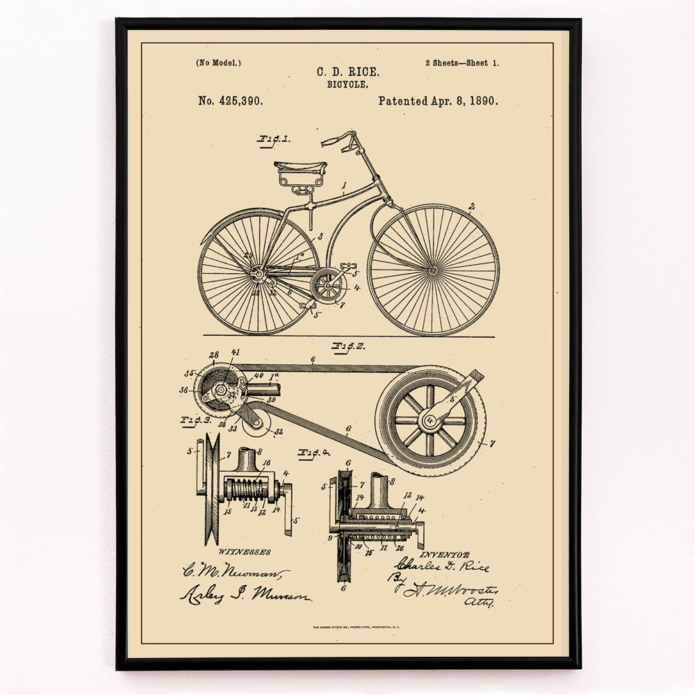 Closeup detail of Bicycle technical illustration and mechanical parts drawing by C D Rice from Bicycle patent displayed on vintage background