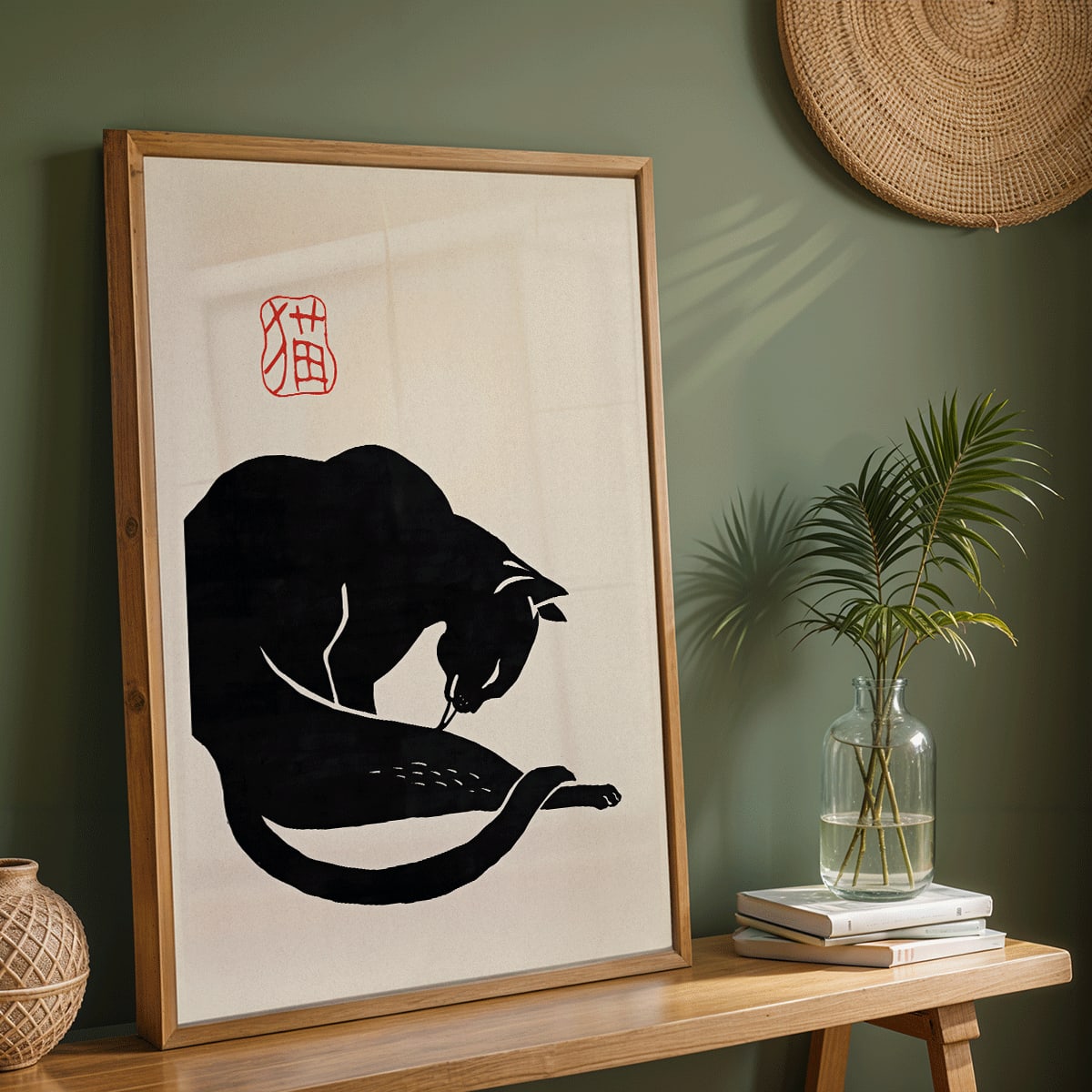 Minimalist black cat illustration titled Black Cat 3 with Chinese calligraphy and red accents on beige background, framed and displayed in home decor