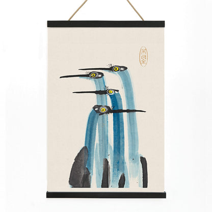 Watercolor painting of three blue cranes titled Blue Japanese Crane by Ohara Koson and Anonymous poster, with wooden magnetic frame on white background