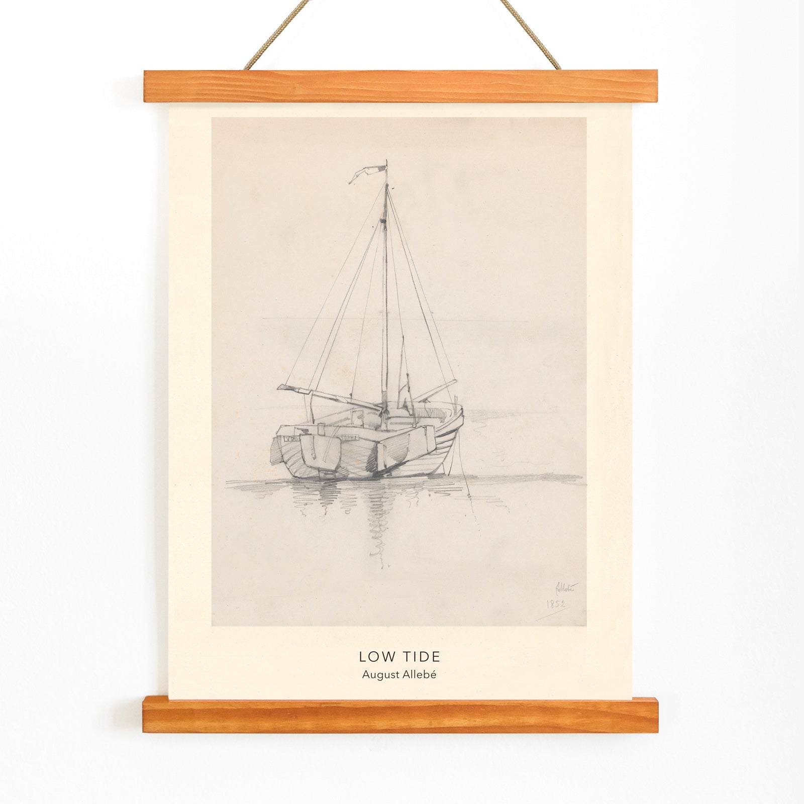 Pencil drawing poster of a sailboat at low tide on calm water artwork Low Tide by August Allebe, with wooden magnetic frame on white background