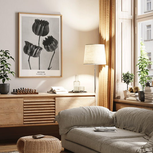 Close up and poster of Abutilon Lime Mallow pods from Urformen der Kunst by Karl Blossfeldt with detailed botanical texture, framed and displayed in home decor