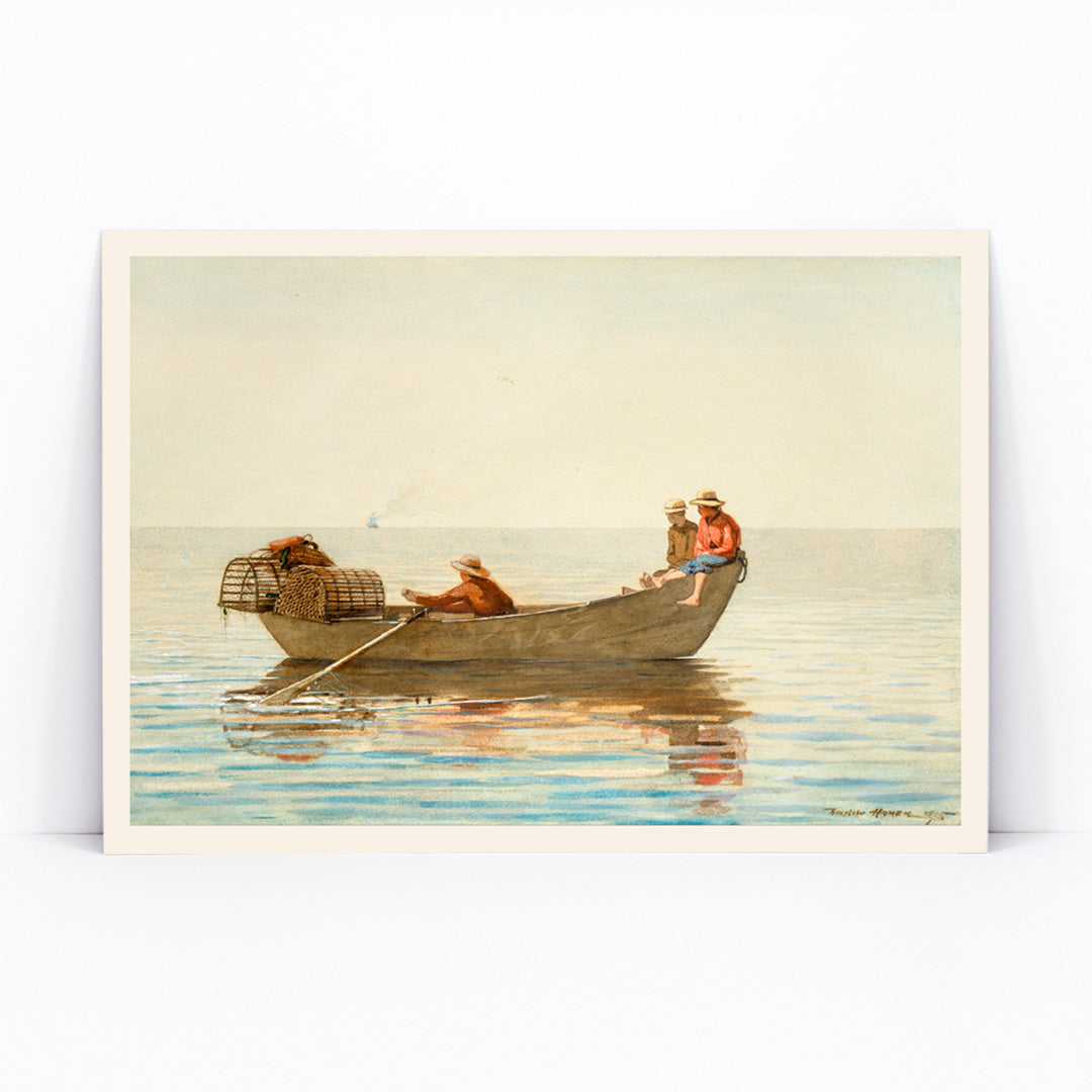 Three boys in a rowboat with lobster pots on calm water painting by Winslow Homer titled Three Boys in a Dory with Lobster Pots, framed and displayed in modern living room decor