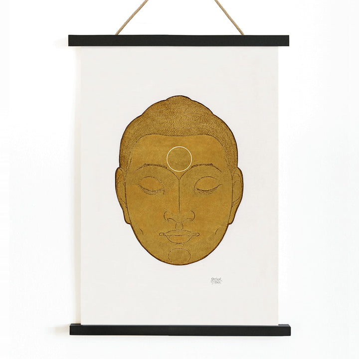 Serene golden Buddha head artwork with closed eyes by Reijer Stolk titled Head of Buddha on white background, with wooden magnetic frame on white background
