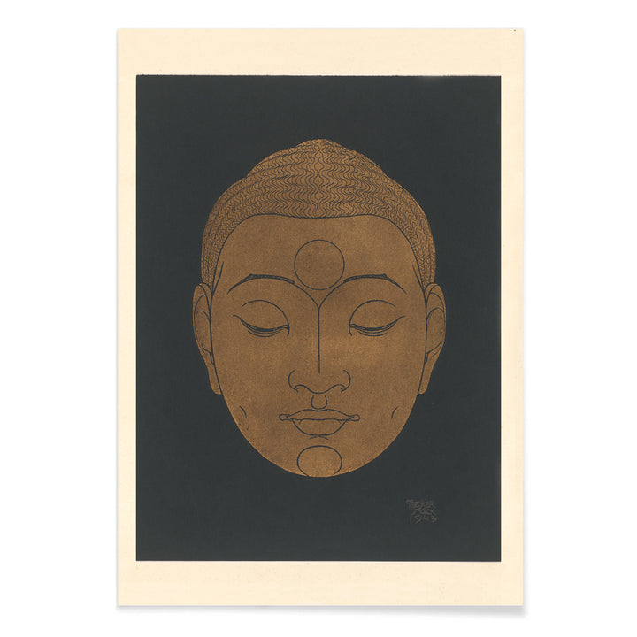 Minimalist golden Buddha head illustration artwork by Reijer Stolk on dark background poster titled Head of Buddha, with black aluminium frame on white background