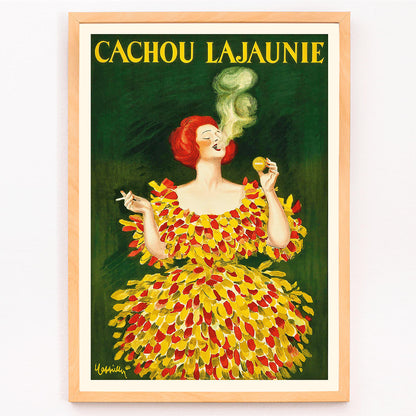 Colorful poster Cachou Lajaunie by Leonetto Cappiello featuring a woman in a vibrant dress with smoke forming a face and holding a cigarette, framed and displayed in modern living room decor