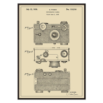 Photographic camera patent illustration and detailed patent drawings by G Fassin poster, with black aluminium frame on white background