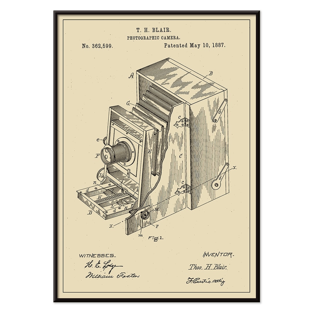 Vintage photographic camera patent diagram and detailed poster illustration by TH Blair, with black aluminium frame on white background