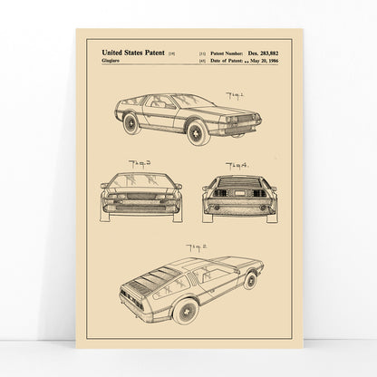 Delorean DMC-12 vintage car patent illustration and technical drawings poster by Giorgetto Giugiaro displayed from multiple angles, framed and displayed in modern living room decor