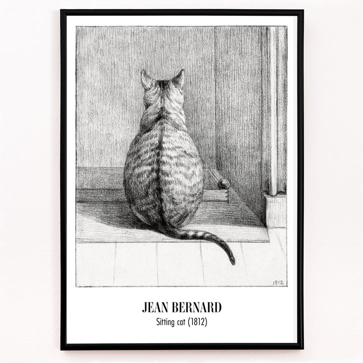 Closeup detail of Detailed drawing poster of a sitting cat viewed from behind in a room artwork by Jean Bernard titled Sitting cat from behind