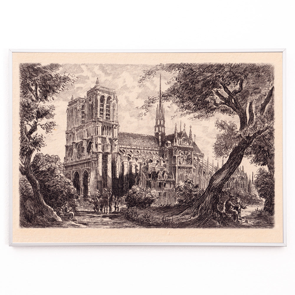 Closeup detail of Artistic poster of Notre Dame de Paris cathedral surrounded by trees and people in a scenic landscape