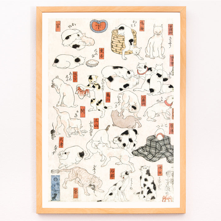 Closeup detail of Playful and resting cats in traditional Japanese ukiyo-e art by Utagawa Kuniyoshi featuring multiple cats in various poses with Japanese elements