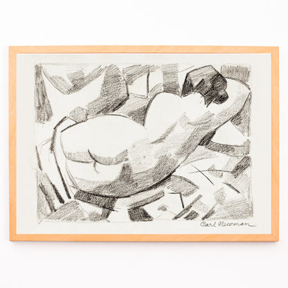 Closeup detail of Charcoal sketch poster of reclining nude woman by Carl Newman featuring a black and white abstract figure