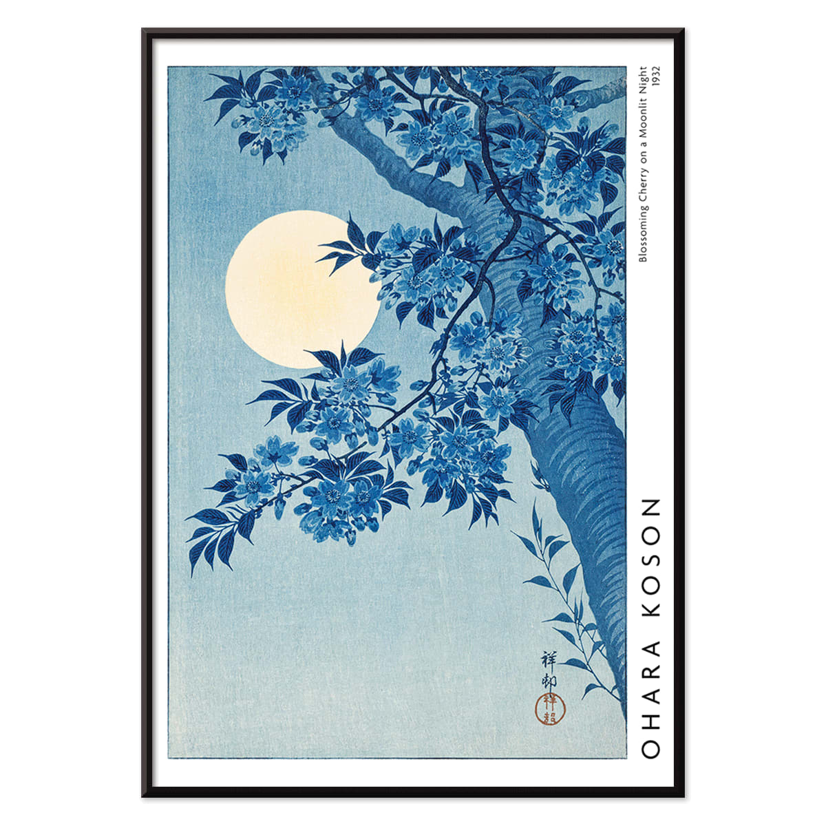 Cherry blossoms and full moon by Ohara Koson poster showing cherry tree in full bloom under moon Blossoming Cherry on a Moonlit Night, with black aluminium frame on white background