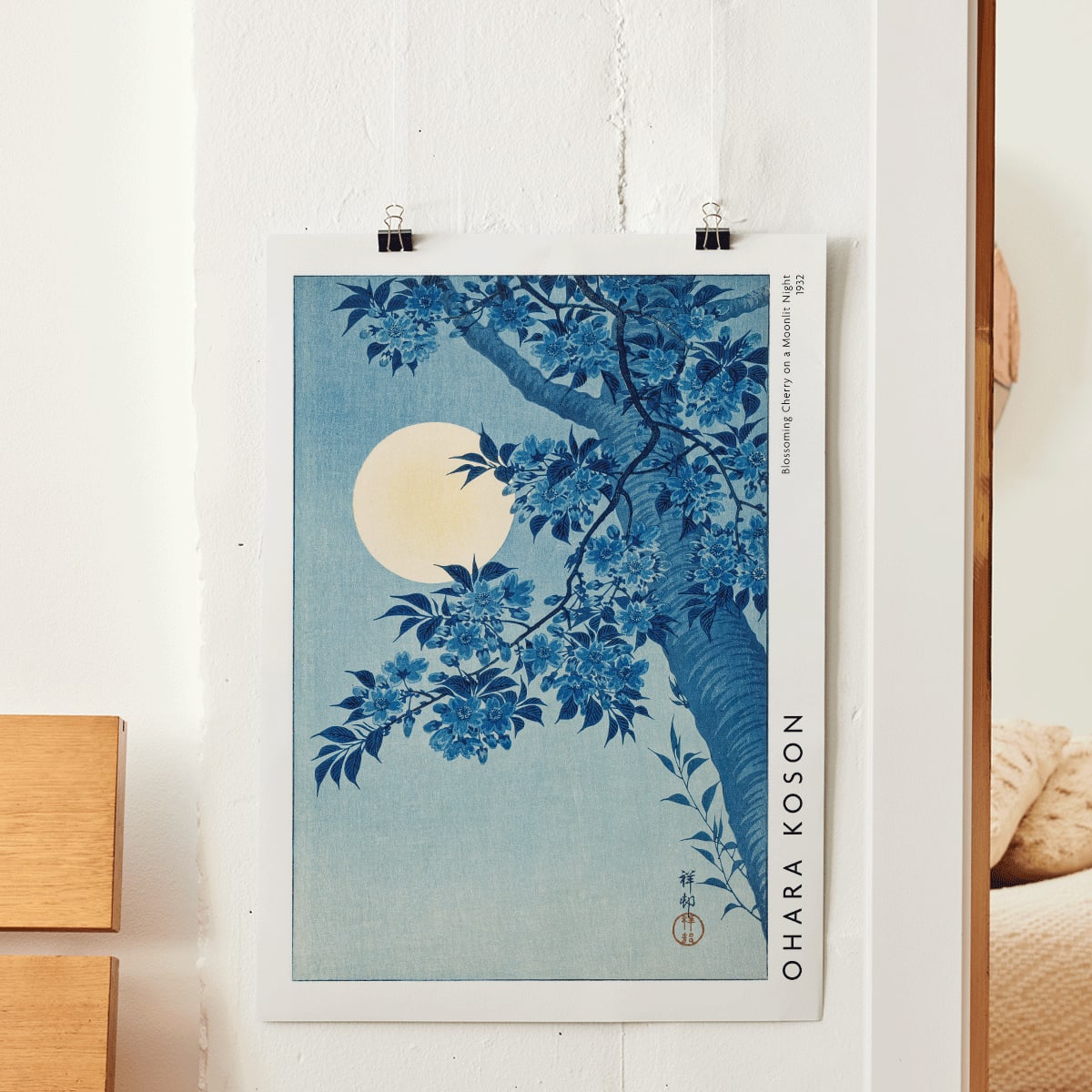 Cherry blossoms and full moon by Ohara Koson poster showing cherry tree in full bloom under moon Blossoming Cherry on a Moonlit Night, framed and displayed in home decor