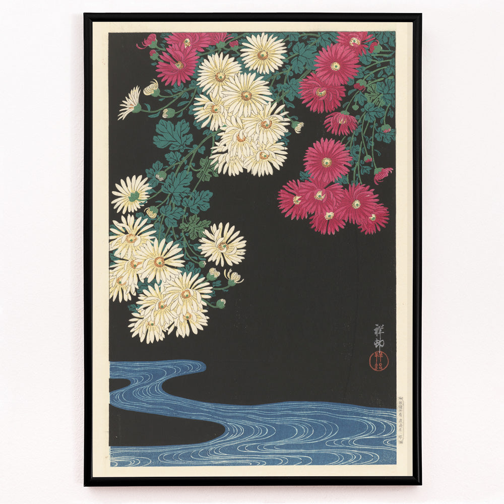 Closeup detail of Chrysanthemums and Running Water by Ohara Koson Japanese art poster with yellow and pink flowers over blue water on black background