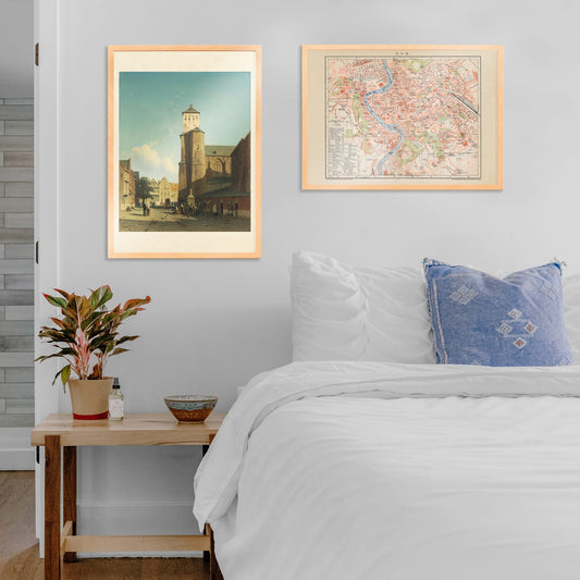 St Denis Church in Liege painting by Jan Weissenbruch showing people in a sunlit city square poster artwork, framed and displayed in home decor