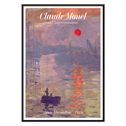 Claude Monet Soleil Levan exhibition poster vibrant impressionist artwork with red sun over water, with black aluminium frame on white background
